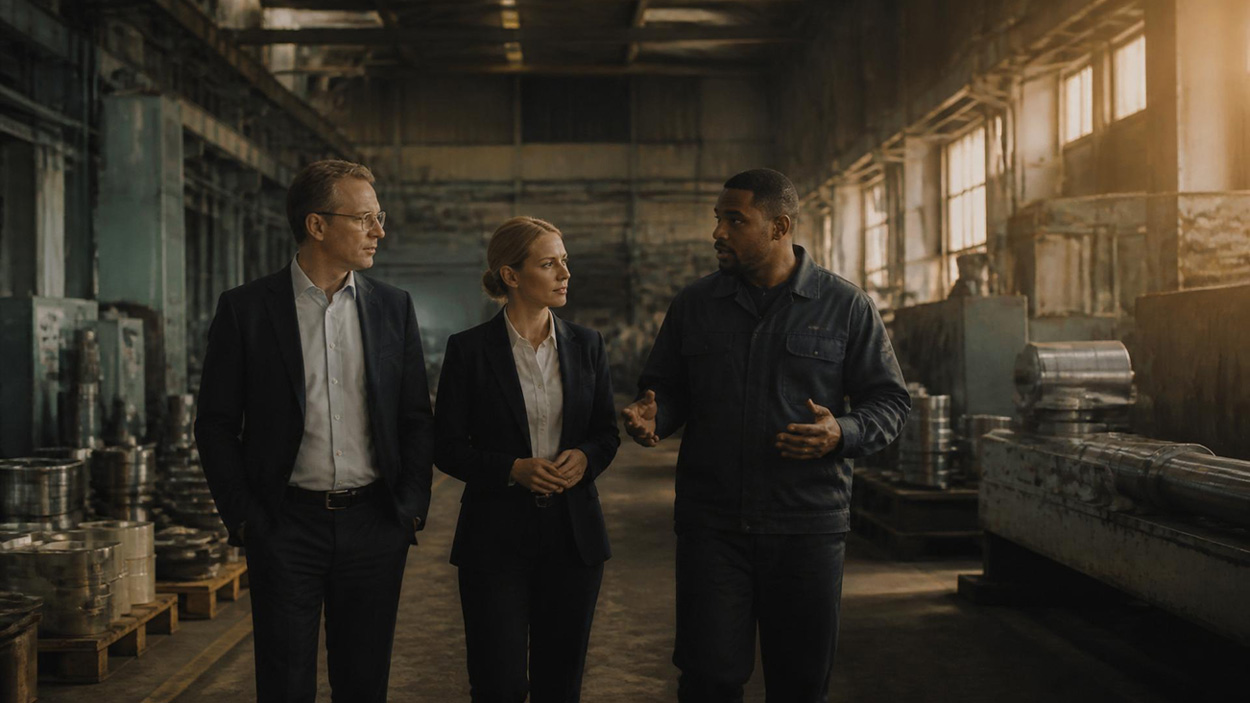 Manufacturing floor walkthrough between candor consultants and client operations lead